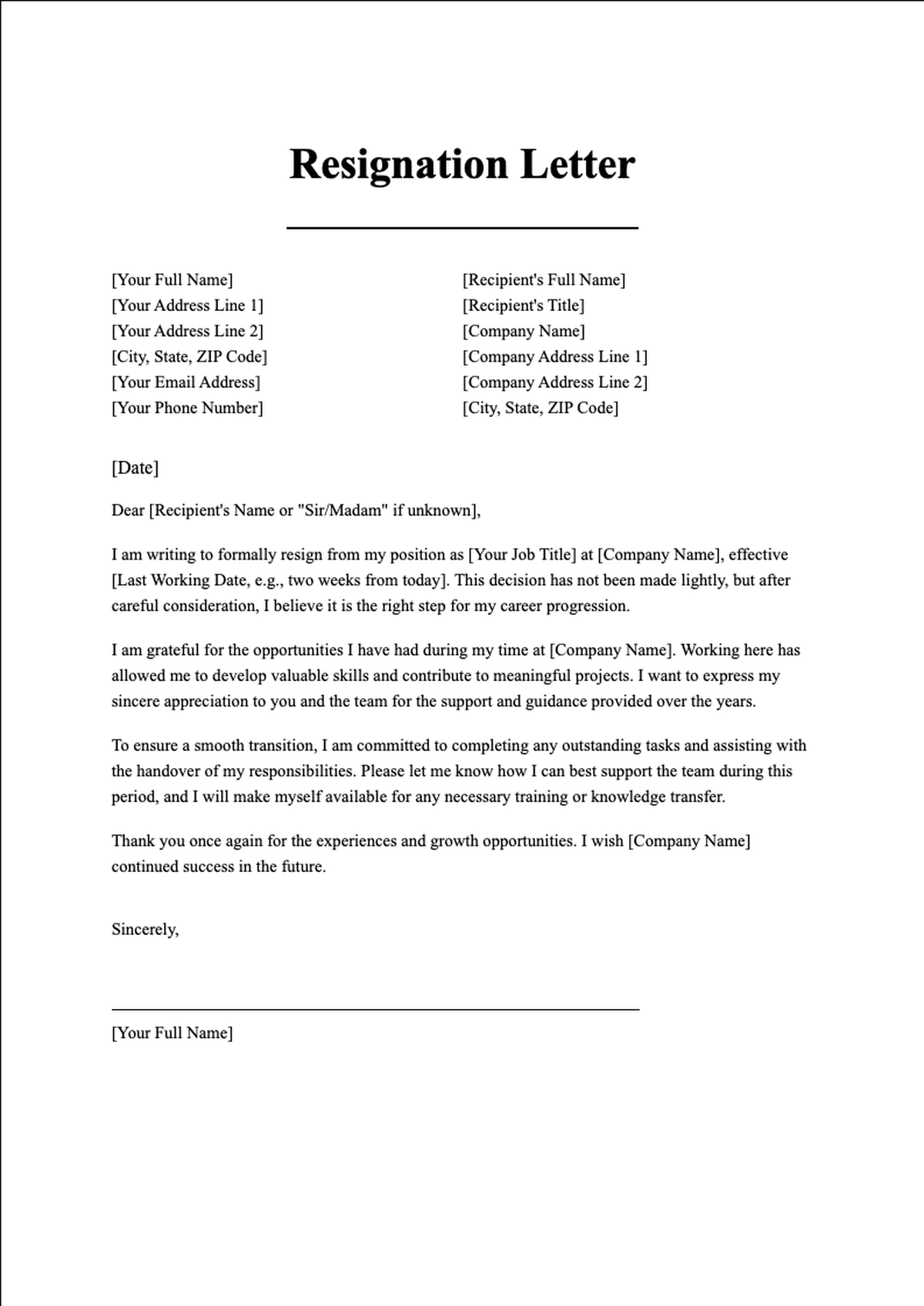 Formal resignation letter template with placeholder fields_variant_2